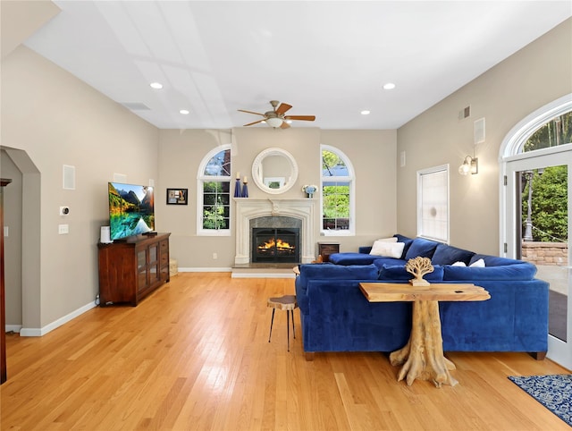 26 Van Nostrand Pl, Nanuet, NY 10954 - living area featuring a ceiling fan, light wood-style floors, a premium fireplace, recessed lighting, and baseboards