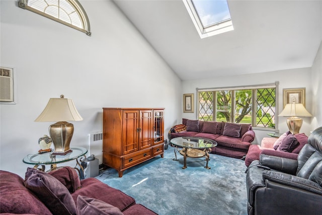 697 Byron Ave, Franklin Square, NY 11010 - living room featuring high vaulted ceiling, carpet floors, and a skylight