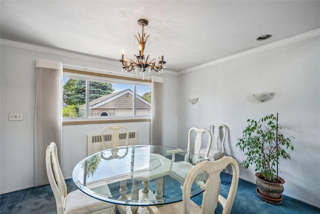 697 Byron Ave, Franklin Square, NY 11010 - carpeted dining space with radiator, a chandelier, crown molding, and baseboards