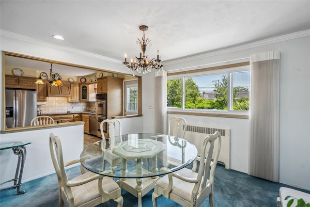 697 Byron Ave, Franklin Square, NY 11010 - dining area with radiator, a chandelier, carpet floors, and crown molding