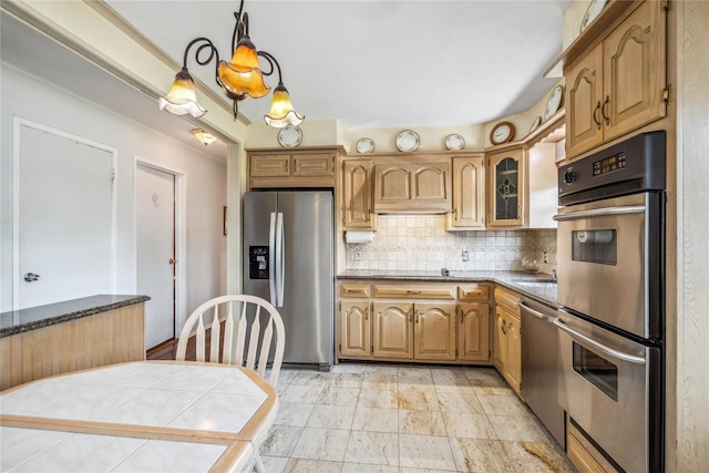 697 Byron Ave, Franklin Square, NY 11010 - kitchen with stainless steel appliances, decorative backsplash, decorative light fixtures, glass insert cabinets, and dark stone counters