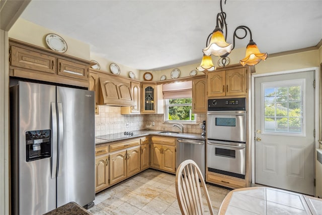 697 Byron Ave, Franklin Square, NY 11010 - kitchen with stainless steel appliances, a sink, backsplash, glass insert cabinets, and pendant lighting