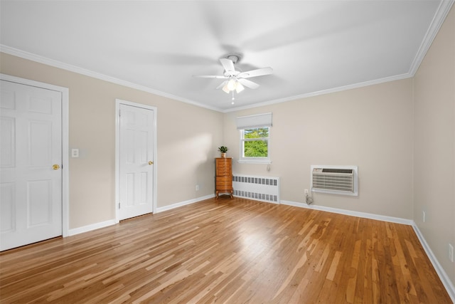 613 Gary Pl, Westbury, NY 11590 - unfurnished bedroom featuring radiator heating unit, light wood finished floors, baseboards, a wall mounted air conditioner, and ornamental molding