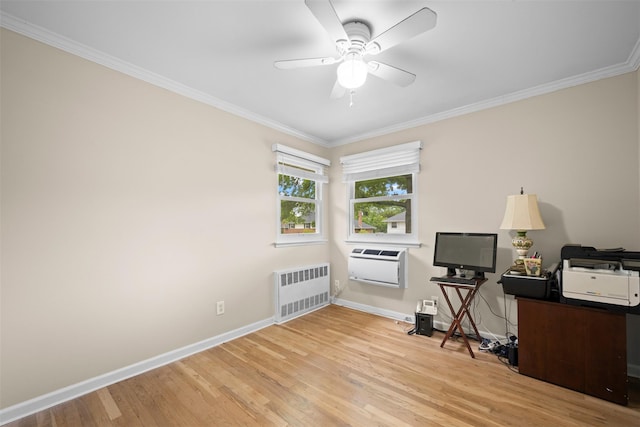 613 Gary Pl, Westbury, NY 11590 - office with radiator heating unit, crown molding, baseboards, wood finished floors, and a ceiling fan