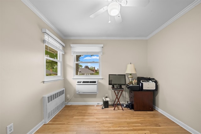 613 Gary Pl, Westbury, NY 11590 - home office with radiator heating unit, crown molding, wood finished floors, a wall mounted air conditioner, and baseboards