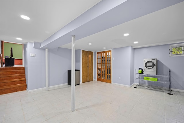 613 Gary Pl, Westbury, NY 11590 - below grade area featuring baseboards, recessed lighting, and stairway