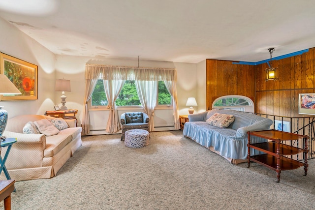 12 Ursular Ct, Smithtown, NY 11787 - carpeted living room featuring wood walls