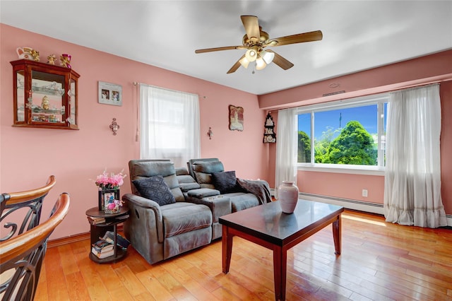 674 Shore Rd, Lindenhurst, NY 11757 - living area with ceiling fan, light wood-style floors, a baseboard radiator, and baseboards