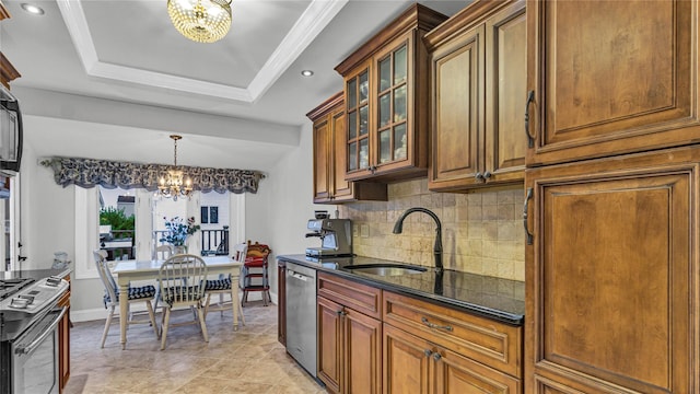 3123 Lydia Ln, Bellmore, NY 11710 - kitchen with a chandelier, stainless steel appliances, decorative backsplash, dark stone countertops, and glass insert cabinets