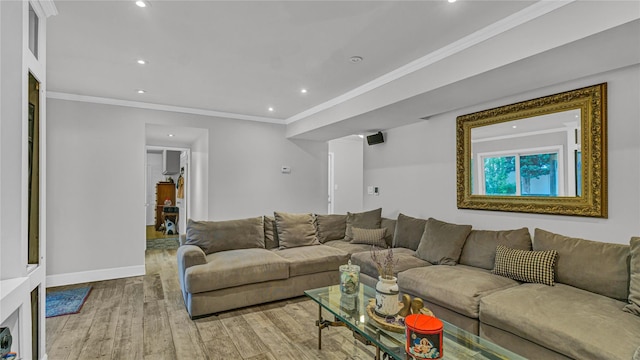 3123 Lydia Ln, Bellmore, NY 11710 - living room featuring light wood-type flooring, ornamental molding, and recessed lighting