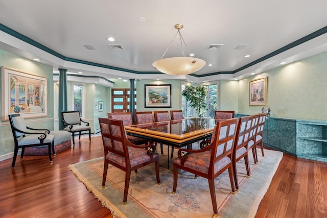 1416 Bay Blvd, Atlantic Beach, NY 11509 - dining space with wood finished floors, ornamental molding, ornate columns, and recessed lighting