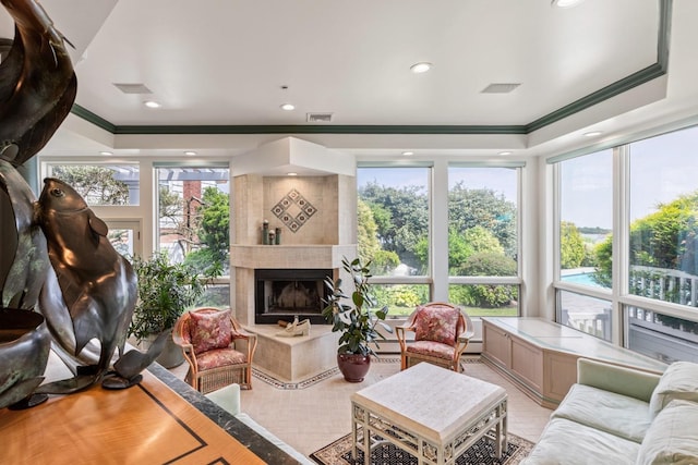 1416 Bay Blvd, Atlantic Beach, NY 11509 - living room featuring ornamental molding, recessed lighting, and a tile fireplace