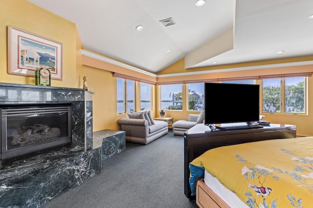 1416 Bay Blvd, Atlantic Beach, NY 11509 - carpeted bedroom with a high end fireplace, vaulted ceiling, recessed lighting, and ornamental molding