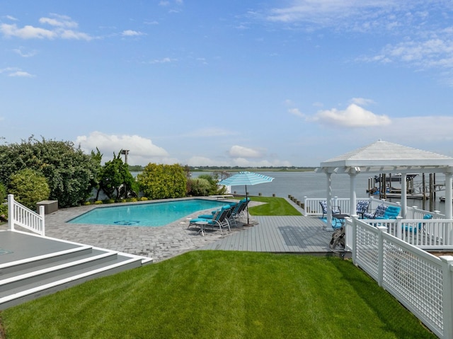 1416 Bay Blvd, Atlantic Beach, NY 11509 - swimming pool featuring a yard, a deck with water view, and a gazebo