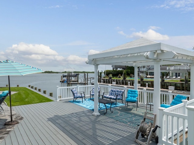 1416 Bay Blvd, Atlantic Beach, NY 11509 - deck featuring a water view, boat lift, a boat dock, and an outdoor living space