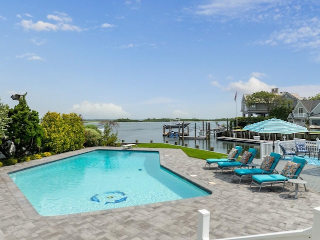 1416 Bay Blvd, Atlantic Beach, NY 11509 - swimming pool with a patio area, a water view, and a diving board