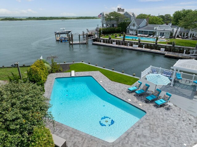 1416 Bay Blvd, Atlantic Beach, NY 11509 - outdoor pool with a water view, a patio area, and a diving board