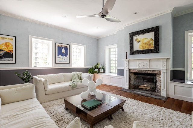 26 Roberson Ave, Pine Bush, NY 12566 - living room with hardwood / wood-style floors, a ceiling fan, crown molding, and a fireplace
