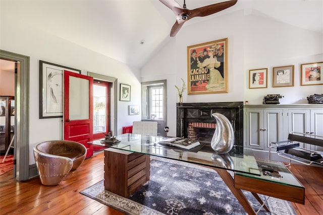 26 Roberson Ave, Pine Bush, NY 12566 - office area featuring lofted ceiling, wood-type flooring, a brick fireplace, and a ceiling fan