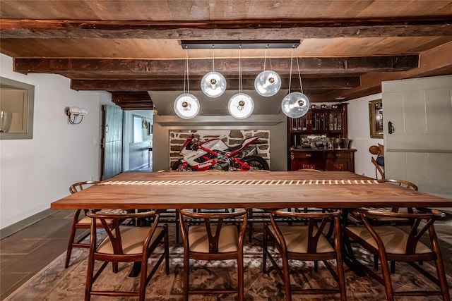 26 Roberson Ave, Pine Bush, NY 12566 - tiled dining room featuring wood ceiling with exposed beams