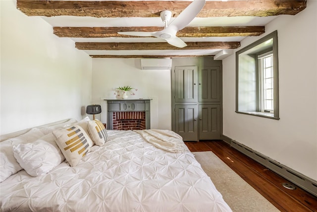 26 Roberson Ave, Pine Bush, NY 12566 - bedroom with a baseboard heating unit, a wall mounted air conditioner, beamed ceiling, dark wood finished floors, and a ceiling fan