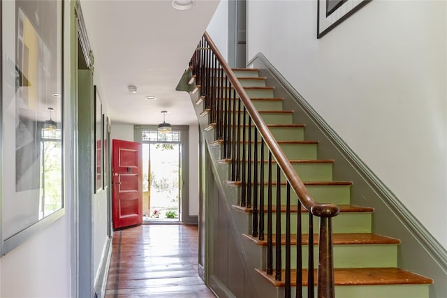26 Roberson Ave, Pine Bush, NY 12566 - stairs featuring hardwood / wood-style flooring and a chandelier