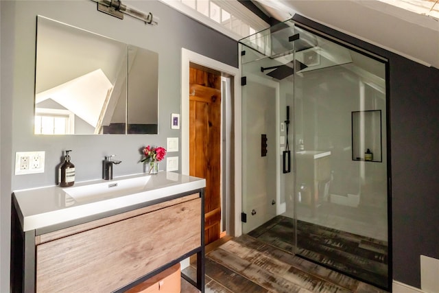 26 Roberson Ave, Pine Bush, NY 12566 - full bath with vanity, a stall shower, wood finished floors, and lofted ceiling