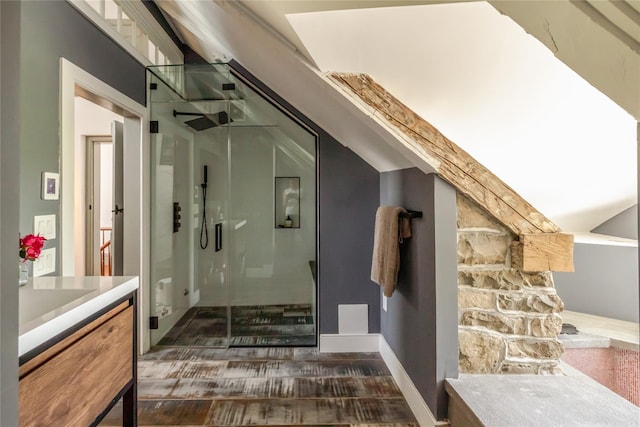 26 Roberson Ave, Pine Bush, NY 12566 - bathroom featuring a stall shower, vanity, and lofted ceiling
