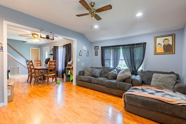 1340 Lombardy Blvd, Bay Shore, NY 11706 - living area featuring ceiling fan, wood finished floors, vaulted ceiling, and recessed lighting
