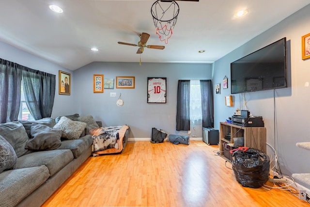 1340 Lombardy Blvd, Bay Shore, NY 11706 - living area featuring a ceiling fan, wood finished floors, recessed lighting, baseboards, and lofted ceiling