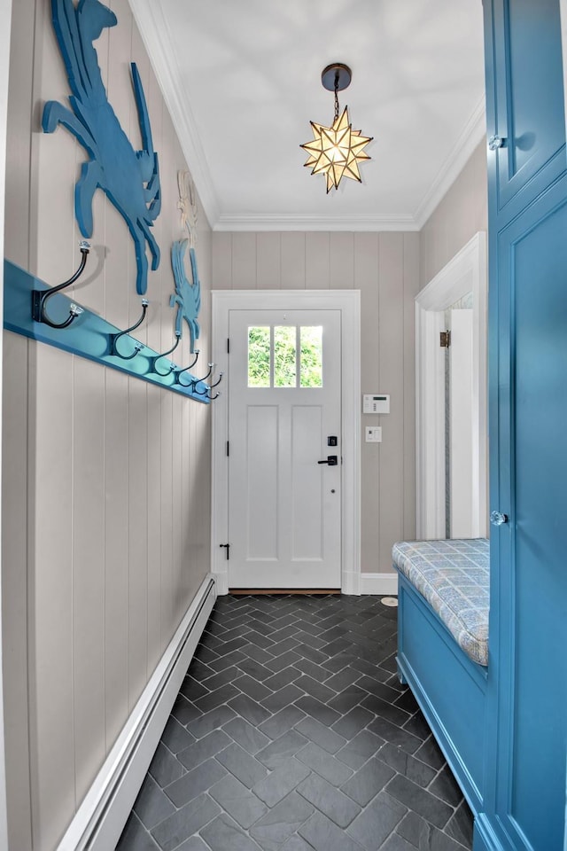 7 Middle Dr, Manhasset, NY 11030 - mudroom with brick flooring, ornamental molding, and a baseboard heating unit