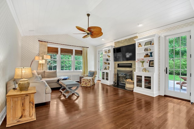 7 Middle Dr, Manhasset, NY 11030 - living area featuring wallpapered walls, radiator heating unit, a ceiling fan, hardwood / wood-style flooring, and vaulted ceiling