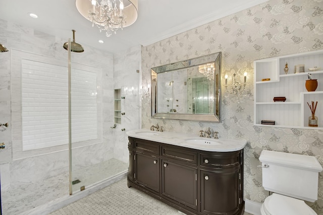 7 Middle Dr, Manhasset, NY 11030 - bathroom featuring a chandelier, a stall shower, double vanity, toilet, and wallpapered walls