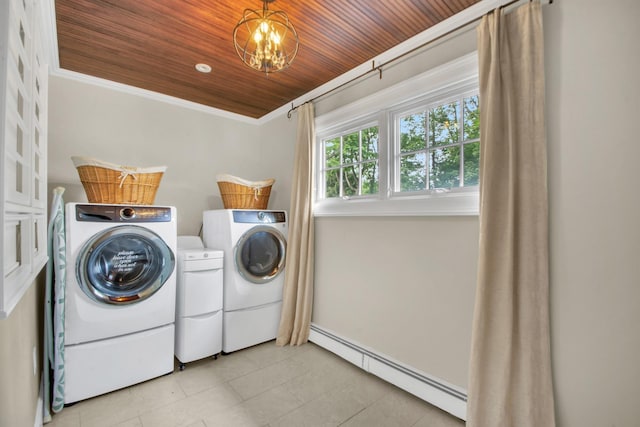 7 Middle Dr, Manhasset, NY 11030 - laundry room featuring baseboard heating, independent washer and dryer, light tile patterned floors, wood ceiling, and a chandelier