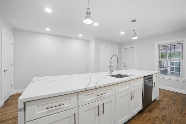 4163 Laconia Ave, Bronx, NY 10466 - kitchen with a sink, stainless steel dishwasher, hanging light fixtures, white cabinets, and recessed lighting