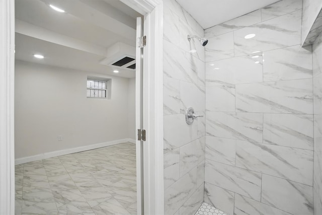 4163 Laconia Ave, Bronx, NY 10466 - bathroom with tiled shower, marble look tile flooring, recessed lighting, and baseboards