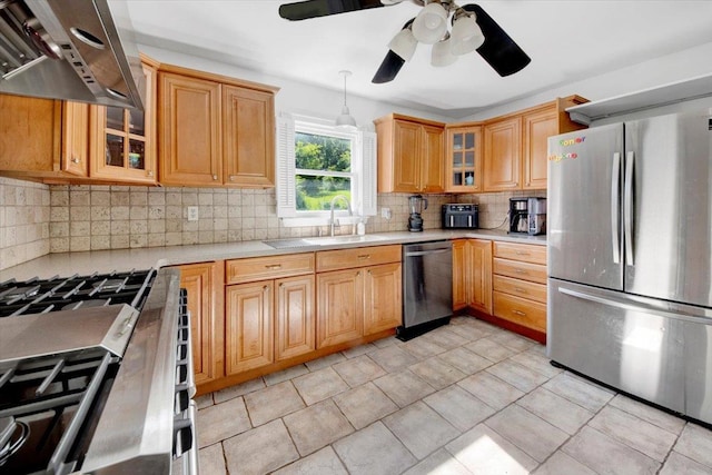 610 Farm To Market Rd, Brewster, NY 10509 - kitchen featuring appliances with stainless steel finishes, ventilation hood, light countertops, and ceiling fan