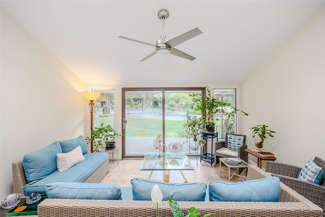 45 Broadview Dr, Commack, NY 11725 - living room featuring ceiling fan and vaulted ceiling