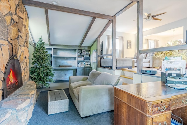 45 Broadview Dr, Commack, NY 11725 - living room featuring carpet flooring, ceiling fan, and vaulted ceiling