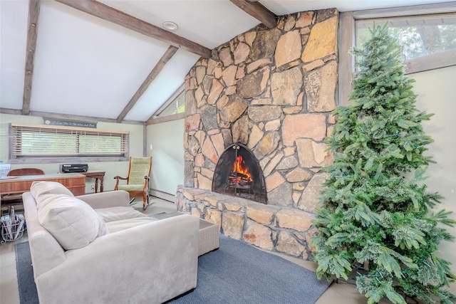 45 Broadview Dr, Commack, NY 11725 - living room with baseboard heating and a stone fireplace