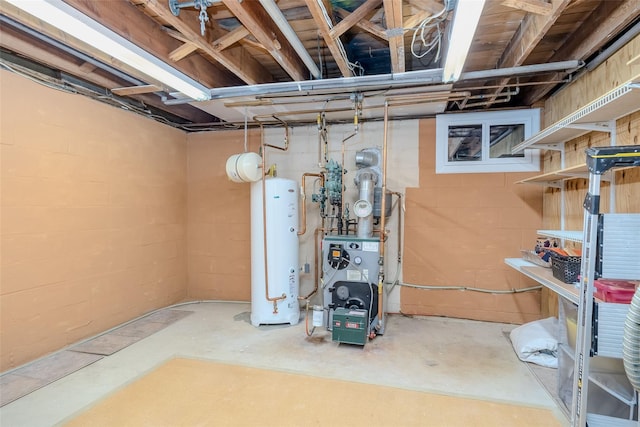 45 Broadview Dr, Commack, NY 11725 - unfinished basement with water heater, a heating unit, and concrete block wall