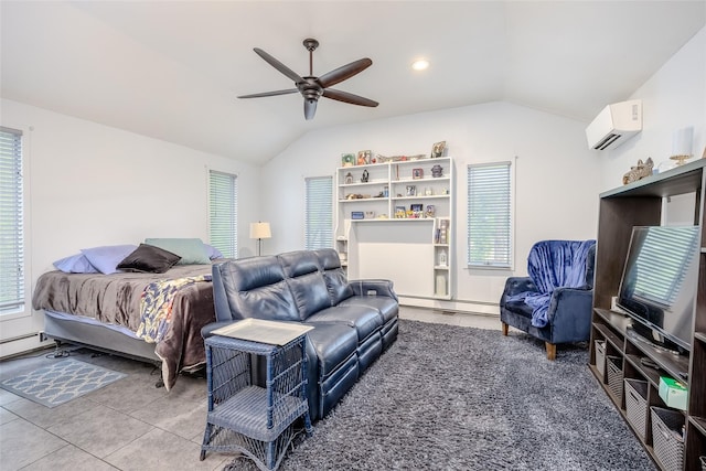 45 Broadview Dr, Commack, NY 11725 - bedroom featuring vaulted ceiling, a wall mounted AC, tile patterned flooring, baseboard heating, and a ceiling fan