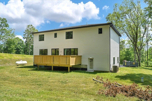 42 Greycourt Rd, Chester, NY 10918 - rear view of property featuring a wooden deck, a lawn, and central AC unit
