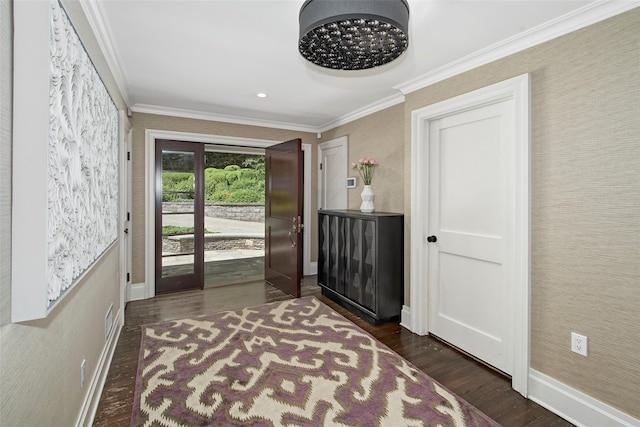 93 Haights Cross Rd, Chappaqua, NY 10514 - entryway featuring baseboards, crown molding, and dark wood-style flooring