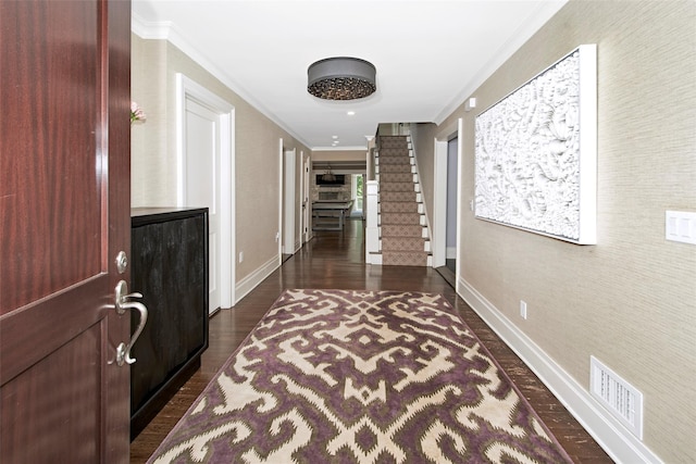 93 Haights Cross Rd, Chappaqua, NY 10514 - corridor with ornamental molding, dark wood-style floors, and baseboards