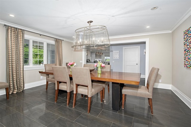 93 Haights Cross Rd, Chappaqua, NY 10514 - dining area with ornamental molding, baseboards, recessed lighting, and a chandelier