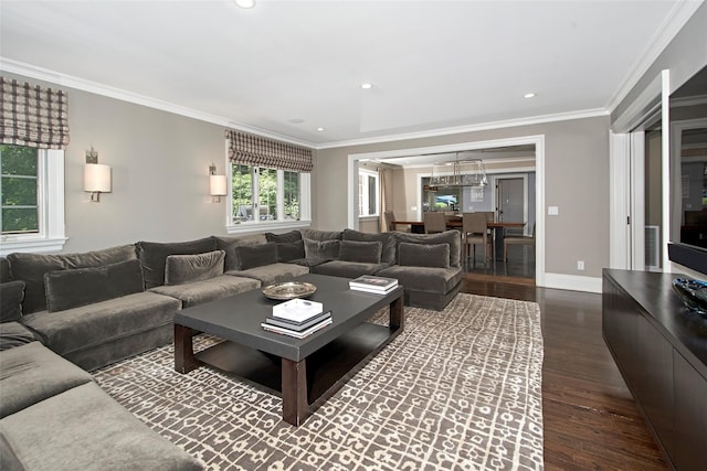 93 Haights Cross Rd, Chappaqua, NY 10514 - living room featuring dark wood-style floors, crown molding, recessed lighting, and baseboards
