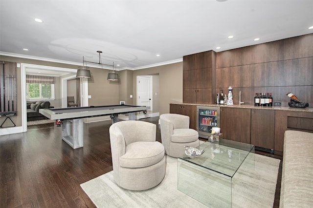 93 Haights Cross Rd, Chappaqua, NY 10514 - recreation room featuring a bar, wine cooler, dark wood-style flooring, ornamental molding, and recessed lighting