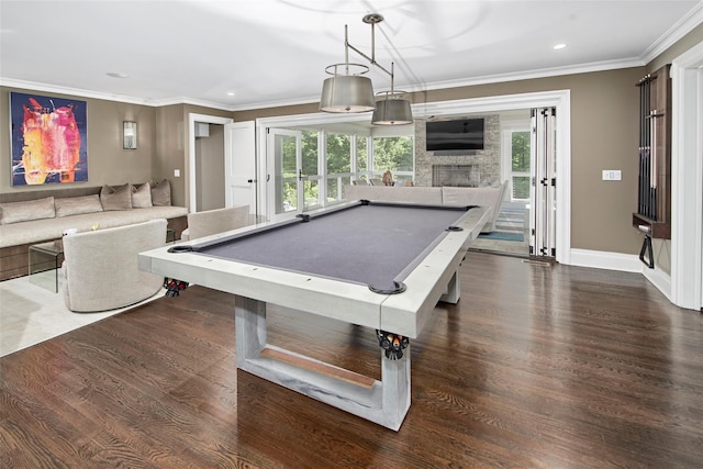 93 Haights Cross Rd, Chappaqua, NY 10514 - recreation room featuring dark wood finished floors, ornamental molding, recessed lighting, baseboards, and pool table