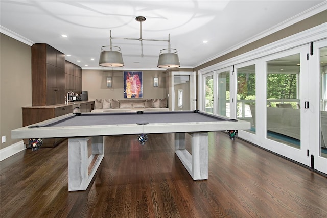 93 Haights Cross Rd, Chappaqua, NY 10514 - recreation room with billiards, ornamental molding, french doors, dark wood finished floors, and baseboards